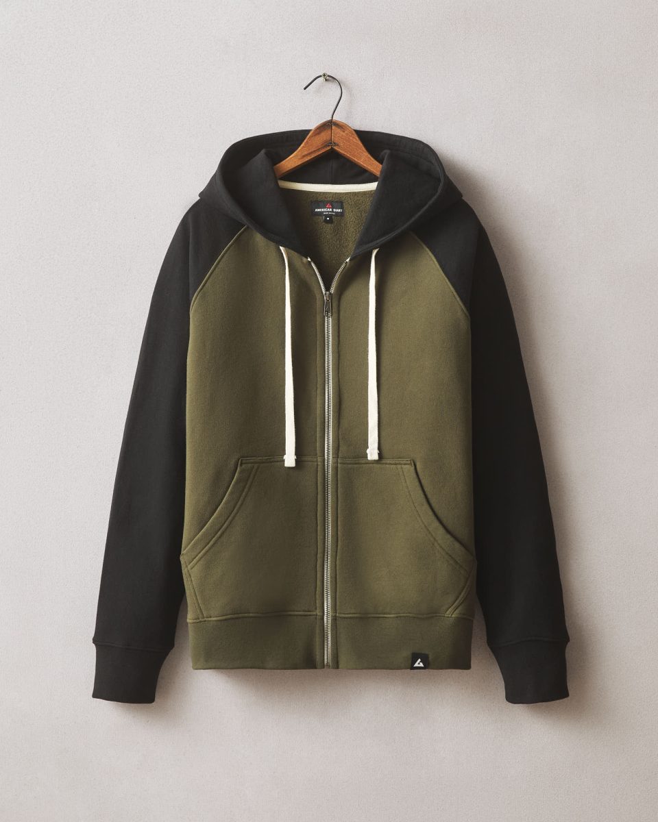 Men's Raglan Colorblock Midweight Full Zip - Deep Olive Black