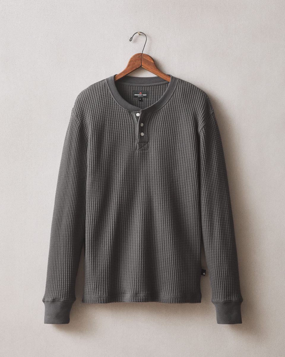 Men's Waffle Long Sleeve Henley - Dark Charcoal