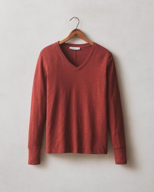 Women’s Premium Slub Long Sleeve V-Neck Tee – Russet Brown