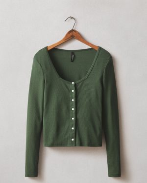 Women’s Luxe Rib Square Neck Cardigan – Green Moss